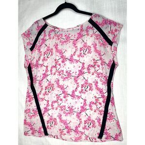 Banana Republic White Pink Flowers Sheer Tunic Top Button Neck L Y2K Boho Fairy